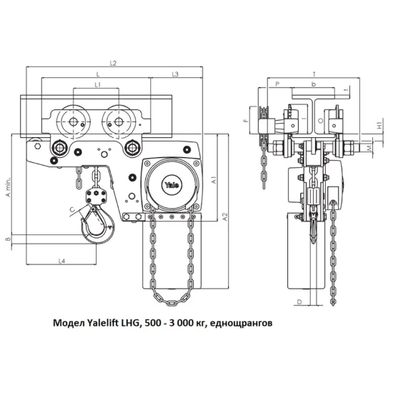 Верижна макари с вградена ръчна или верижна количка, с ниска строителна височина, модел Yalelift LH Капацитет 500 – 10000 кг